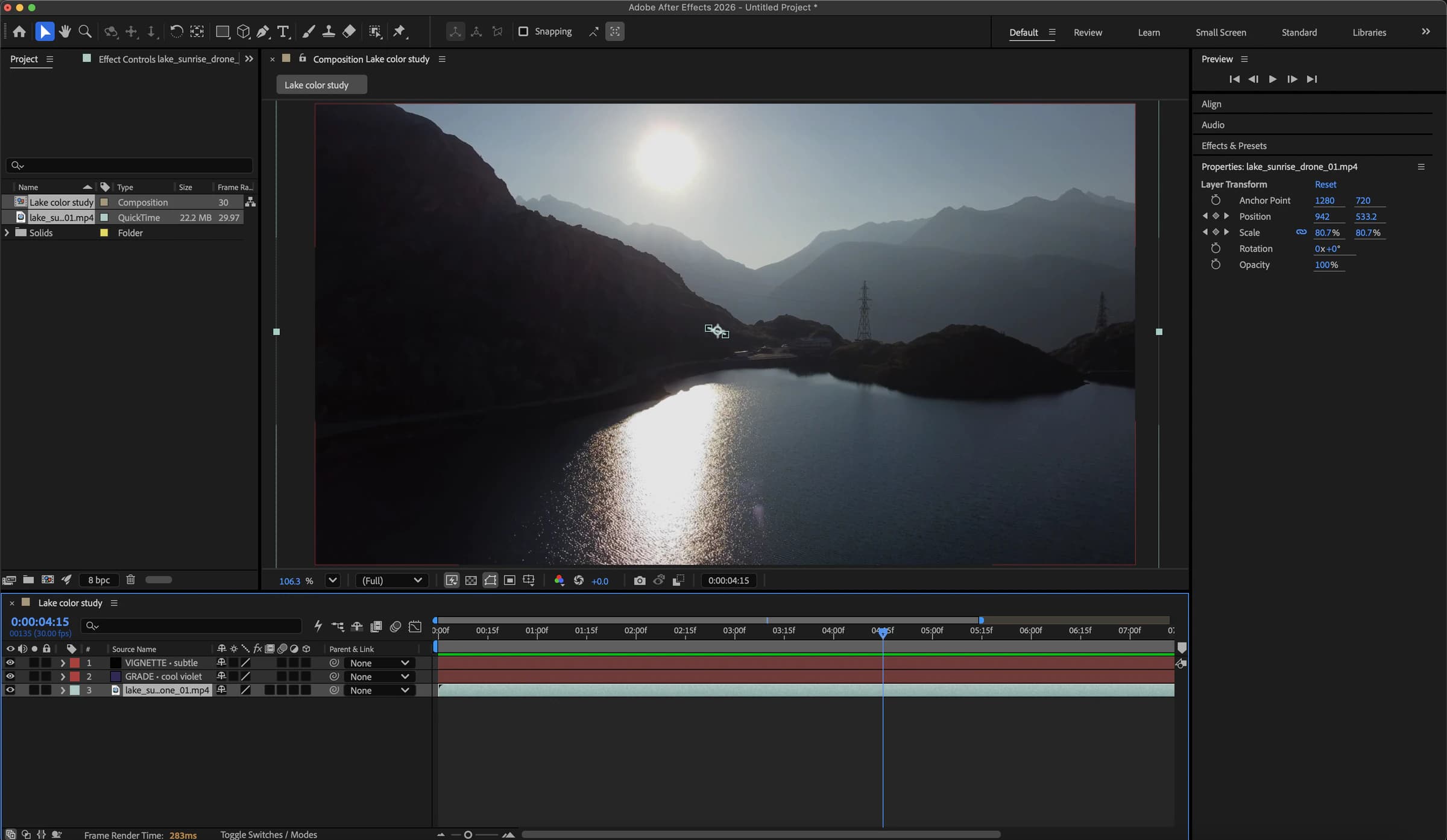 After Effects motion study with timeline layers and Preview controls in the right dock